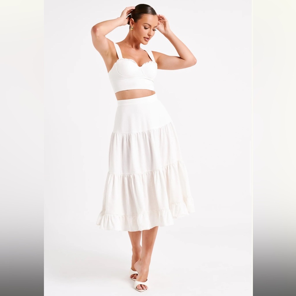 Meshki Hilaria Cupped Linen Crop Top & Tiered Linen Midi Skirt- White XS